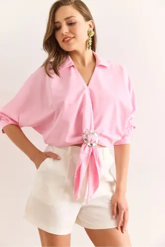 Woman Candy Pink Embellished Button Down Bat Wing - 3