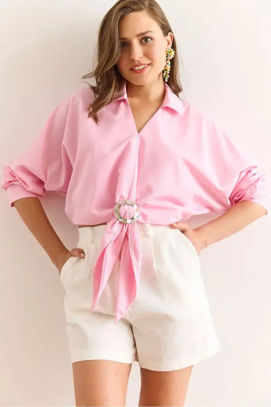 Woman Candy Pink Embellished Button Down Bat Wing - 4