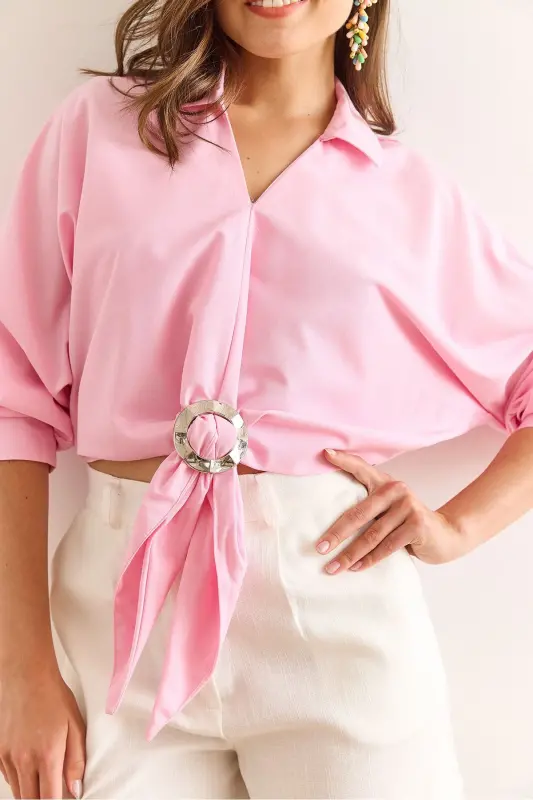 Woman Candy Pink Embellished Button Down Bat Wing - 7