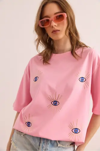 Woman Candy Pink Eye Printed Foil Detailed T-Shirt 
