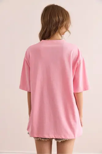 Woman Candy Pink Eye Printed Foil Detailed T-Shirt - OLALOOK (1)