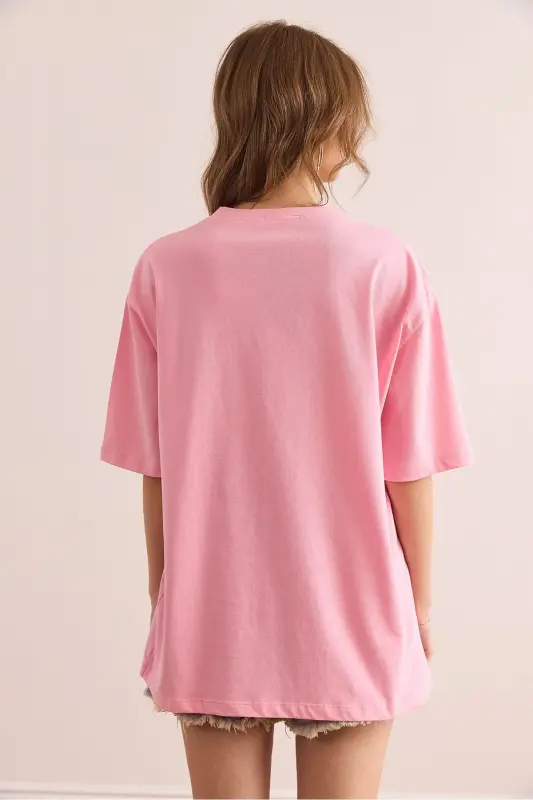 Woman Candy Pink Eye Printed Foil Detailed T-Shirt - 2