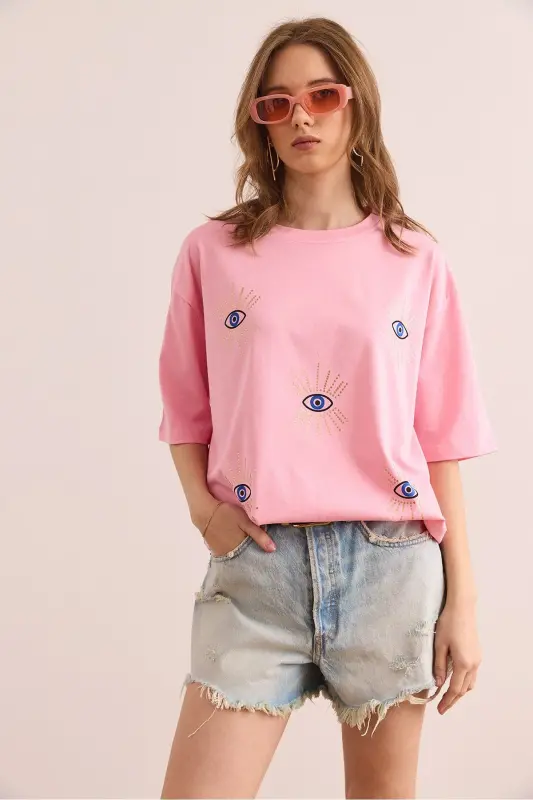 Woman Candy Pink Eye Printed Foil Detailed T-Shirt - 3