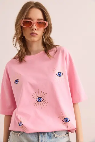 Woman Candy Pink Eye Printed Foil Detailed T-Shirt - 4