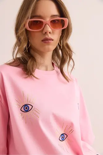 Woman Candy Pink Eye Printed Foil Detailed T-Shirt - 5
