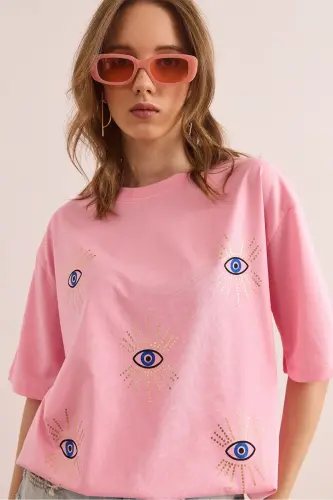 Woman Candy Pink Eye Printed Foil Detailed T-Shirt - 6