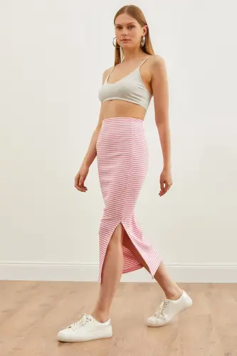 Woman Candy Pink Slit Striped Lycra Midi D 