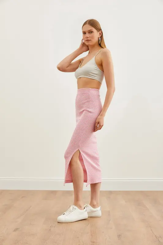 Woman Candy Pink Slit Striped Lycra Midi D - 4