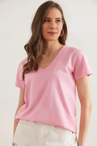 Woman Candy Pink V Neck Flamed T-Shirt TSH-1900039 