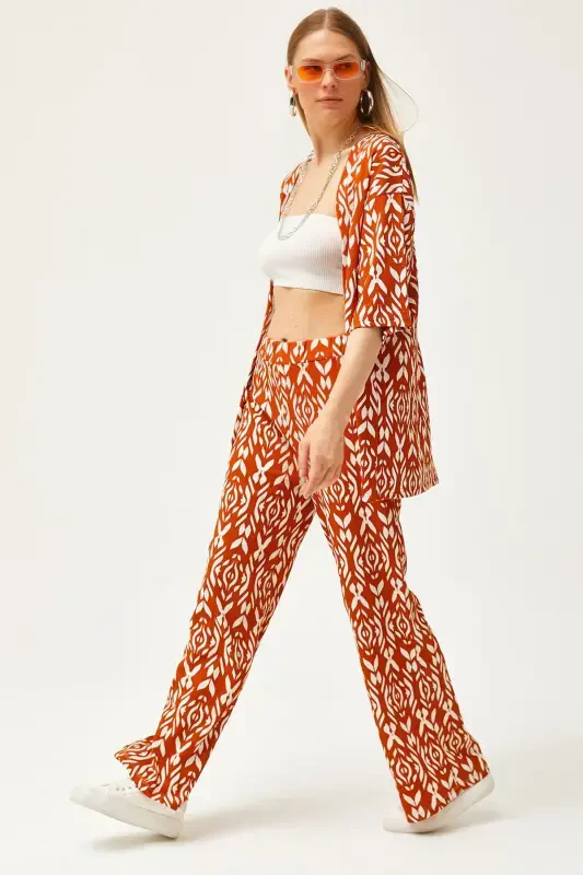Woman Cinnamon Top Kimono Bottom Pants Patterned Suit - 1