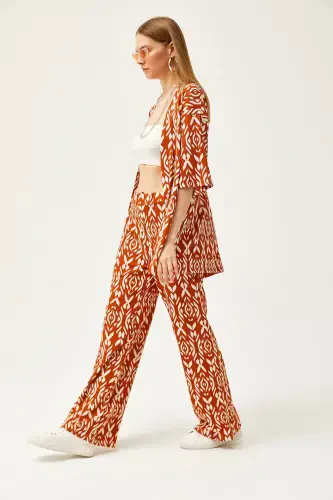 Woman Cinnamon Top Kimono Bottom Pants Patterned Suit - 5