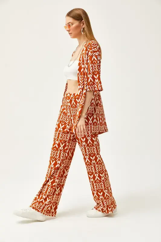 Woman Cinnamon Top Kimono Bottom Pants Patterned Suit - 5