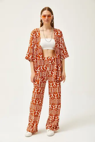 Woman Cinnamon Top Kimono Bottom Pants Patterned Suit - OLALOOK (1)