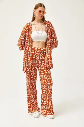 Woman Cinnamon Top Kimono Bottom Pants Patterned Suit - 3