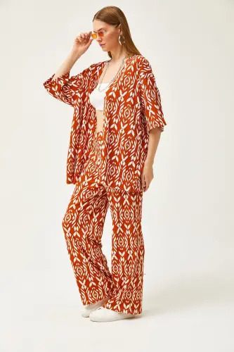 Woman Cinnamon Top Kimono Bottom Pants Patterned Suit - 4