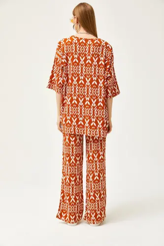 Woman Cinnamon Top Kimono Bottom Pants Patterned Suit - 6