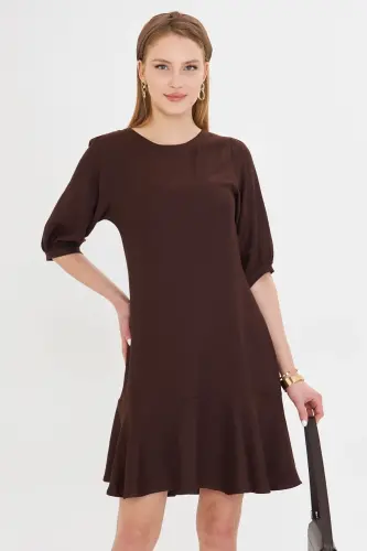 Woman Coffee Crew Neck Quarter Sleeve Skirt Ruffled Dress - 8