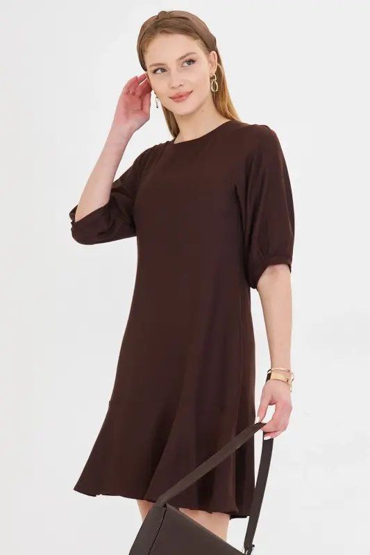 Woman Coffee Crew Neck Quarter Sleeve Skirt Ruffled Dress - Modazone