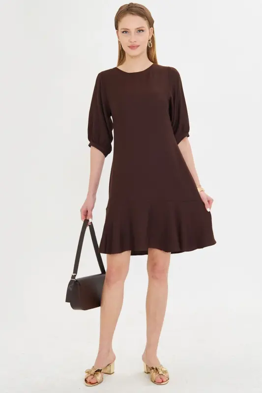 Woman Coffee Crew Neck Quarter Sleeve Skirt Ruffled Dress - 3