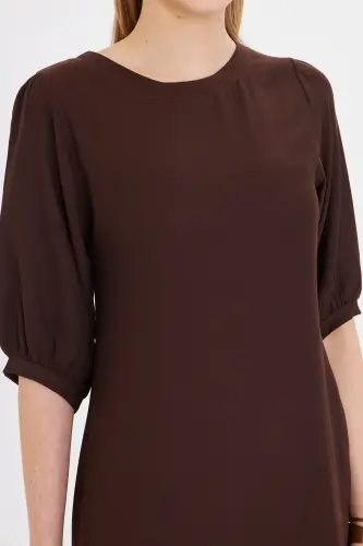 Woman Coffee Crew Neck Quarter Sleeve Skirt Ruffled Dress - 4