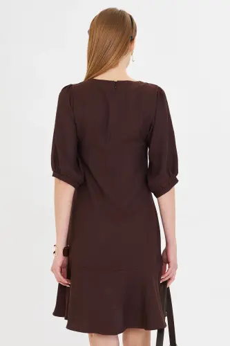 Woman Coffee Crew Neck Quarter Sleeve Skirt Ruffled Dress - 5