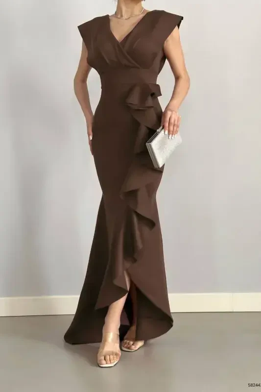 Woman Coffee Scuba Diver Fabric Crossover Collar Skirt Flounced Evening Graduation Wedding Dress-Coffee - 1