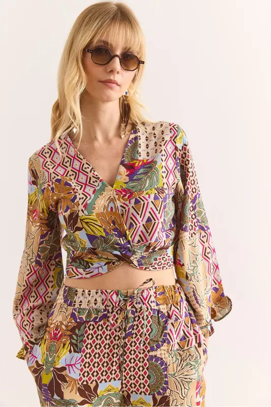 Woman Colorful Tie Front Puff Sleeve Viscose B - 1