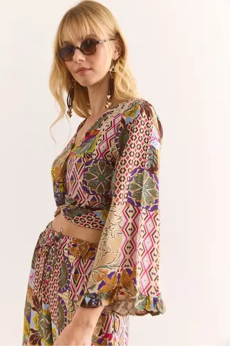 Woman Colorful Tie Front Puff Sleeve Viscose B - OLALOOK (1)