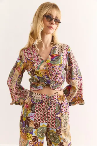 Woman Colorful Tie Front Puff Sleeve Viscose B - 3