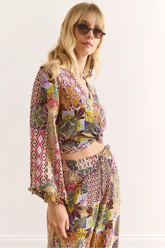 Woman Colorful Tie Front Puff Sleeve Viscose B - 4