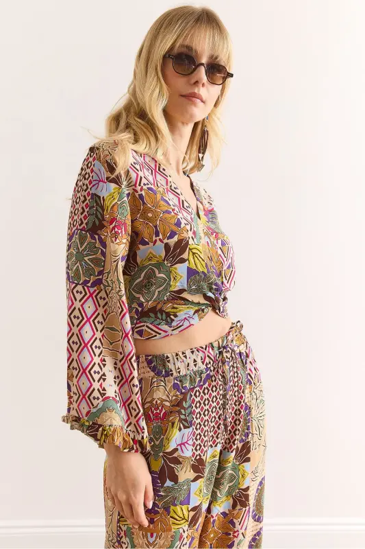 Woman Colorful Tie Front Puff Sleeve Viscose B - 4