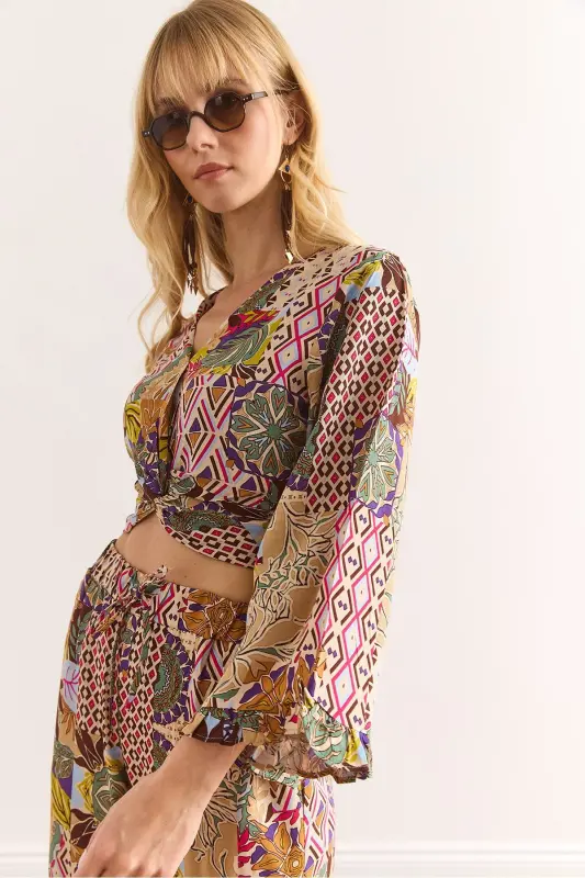 Woman Colorful Tie Front Puff Sleeve Viscose B - 5