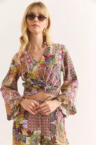 Woman Colorful Tie Front Puff Sleeve Viscose B - 6