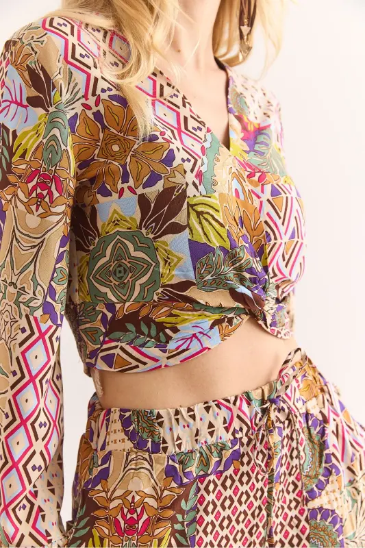 Woman Colorful Tie Front Puff Sleeve Viscose B - 7