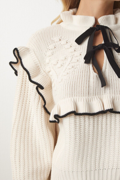 Woman Cream Ruffled Bow Collar Knitted Sweater MT00112 - 5