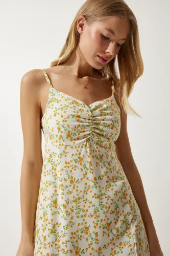 Woman Cream Yellow Strappy Patterned Viscose Dress UB00236-Cream Yellow - 1