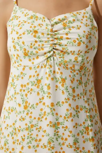 Woman Cream Yellow Strappy Patterned Viscose Dress UB00236-Cream Yellow - 2