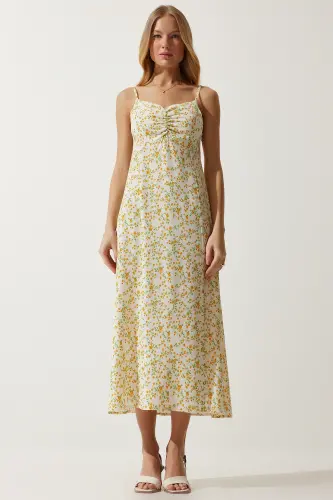 Woman Cream Yellow Strappy Patterned Viscose Dress UB00236-Cream Yellow - 5