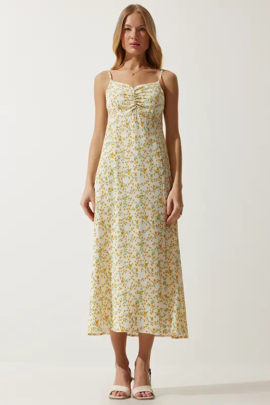 Woman Cream Yellow Strappy Patterned Viscose Dress UB00236-Cream Yellow - 5