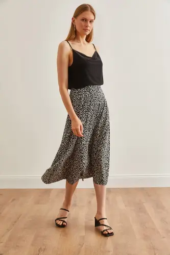 Woman Daisy Black Elastic Waist Patterned Long Skirt - 2