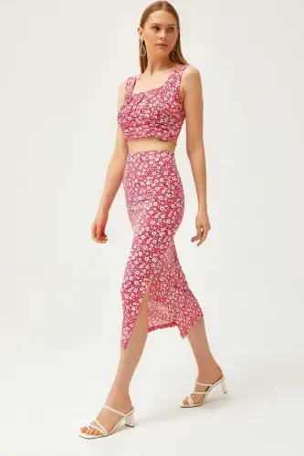 Woman Daisy Fuchsia Top Blouse Bottom Skirt Knitted Top Bottom - 1