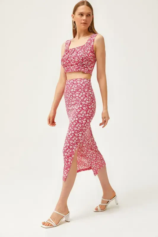 Woman Daisy Fuchsia Top Blouse Bottom Skirt Knitted Top Bottom - OLALOOK