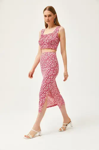 Woman Daisy Fuchsia Top Blouse Bottom Skirt Knitted Top Bottom - 3