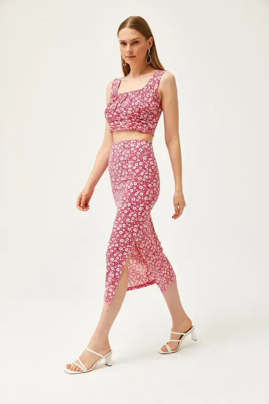 Woman Daisy Fuchsia Top Blouse Bottom Skirt Knitted Top Bottom - 3