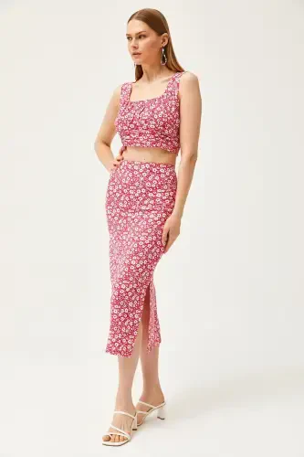 Woman Daisy Fuchsia Top Blouse Bottom Skirt Knitted Top Bottom - 4