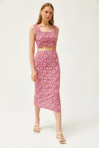 Woman Daisy Fuchsia Top Blouse Bottom Skirt Knitted Top Bottom - 5