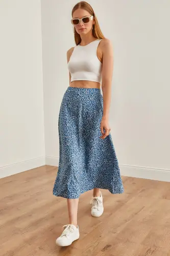 Woman Daisy Indigo Elastic Waist Patterned Long Skirt 