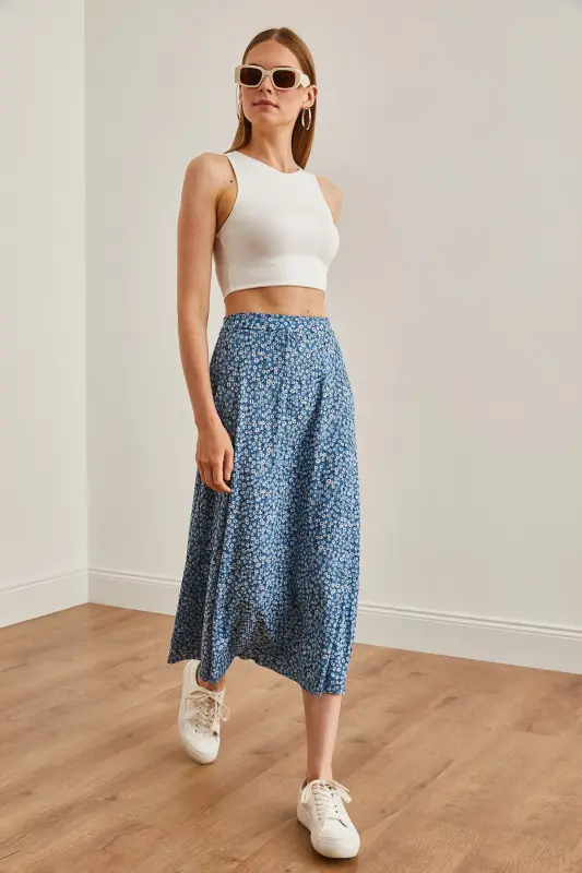 Woman Daisy Indigo Elastic Waist Patterned Long Skirt - 3