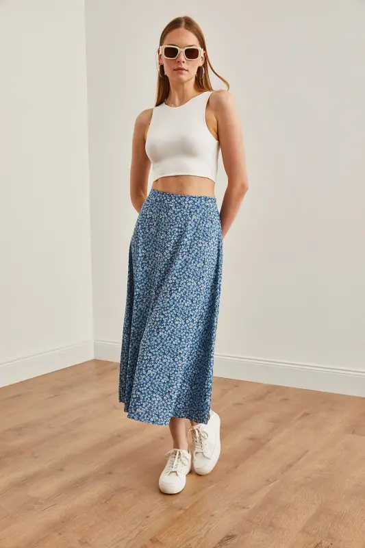 Woman Daisy Indigo Elastic Waist Patterned Long Skirt - 4