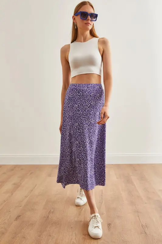 Woman Daisy Lilac Elastic Waist Patterned Long Skirt - 1